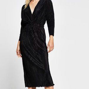 River Island Black Long Sleeve Plisse Wrap Midi Dress